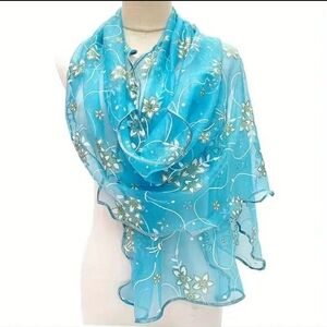 Scarf Ruffle Trim Blue Floral
